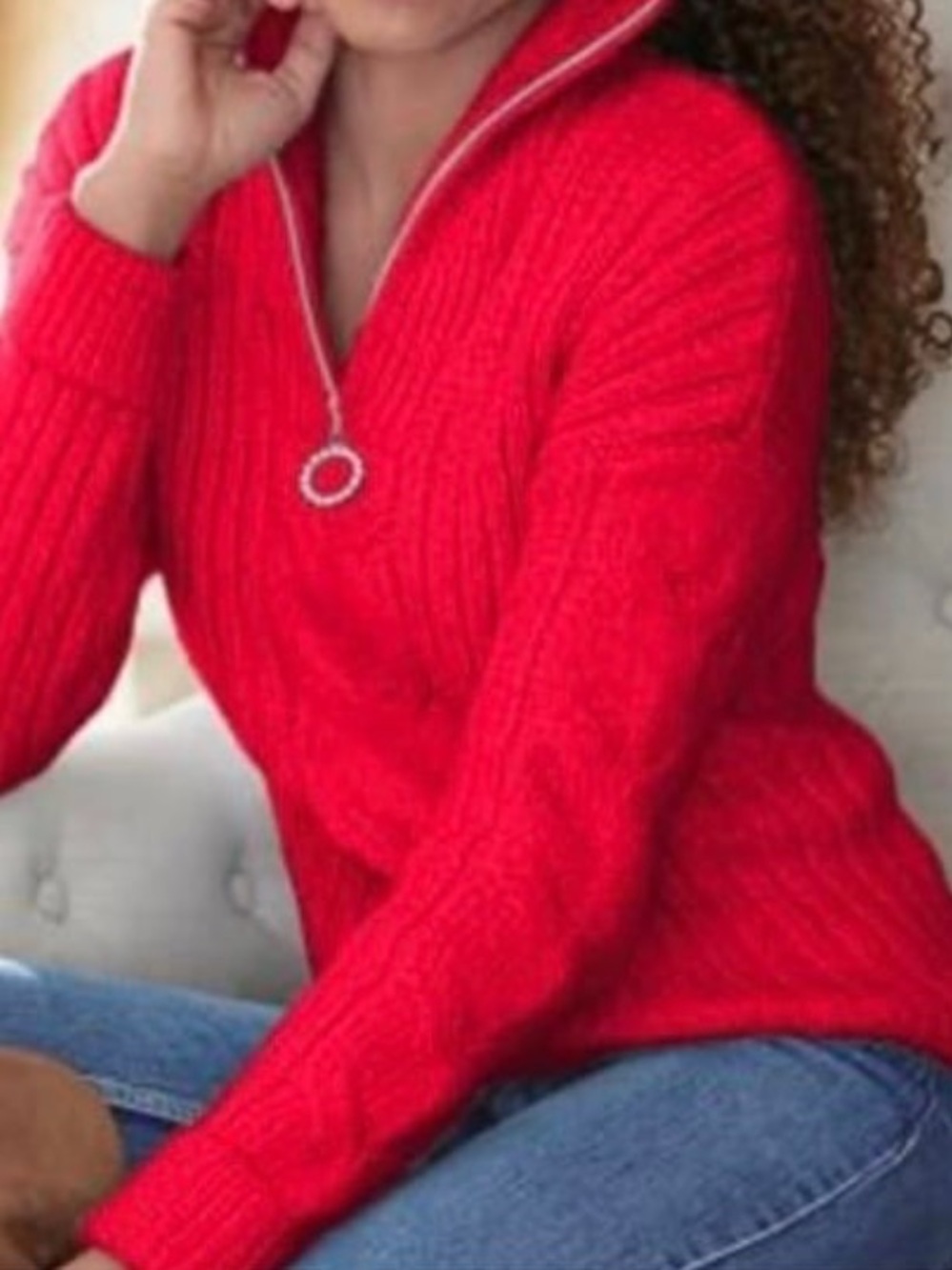 VENUS Red Cable-Knit Quarter-Zip Turtleneck Sweater